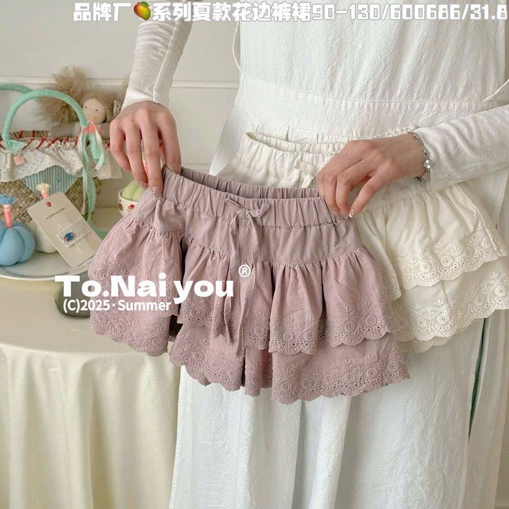 600688 - Quần váy QC vải thô ren đục lỗ 2 màu kem/hồng tím bé gái size 90-130