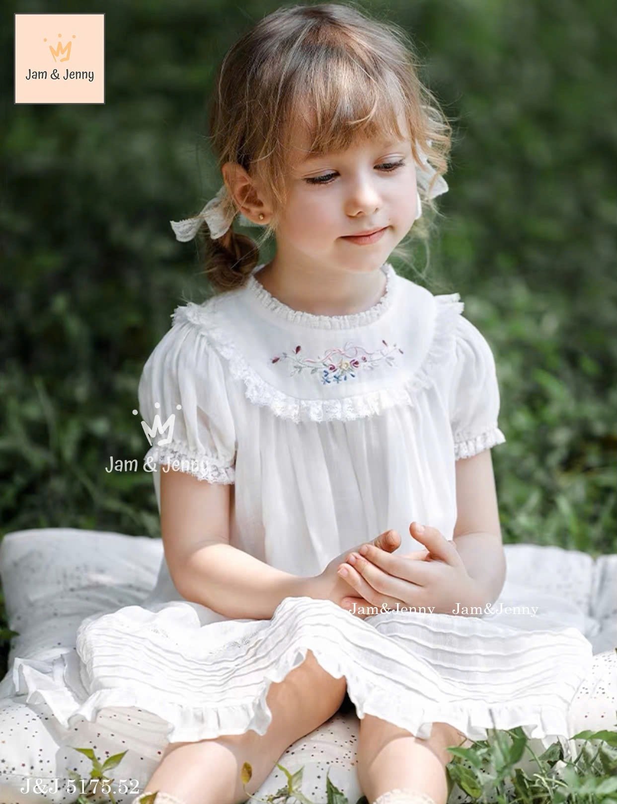 JJ 5175 - Váy Jam & Jenny vải thô trắng thêu hoa nơ bé gái size 2-12y
