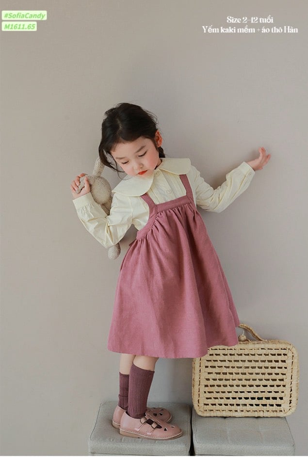 Set Sofia Candy áo sơ mi vàng kem - váy yếm hồng vỏ đỗ size 2 - 12y