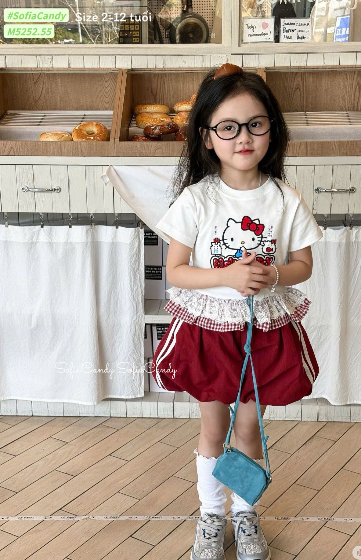 M5252 - Set bộ Mia Kids hello kitty áo trắng + quần váy đỏ bé gái size 2-12y