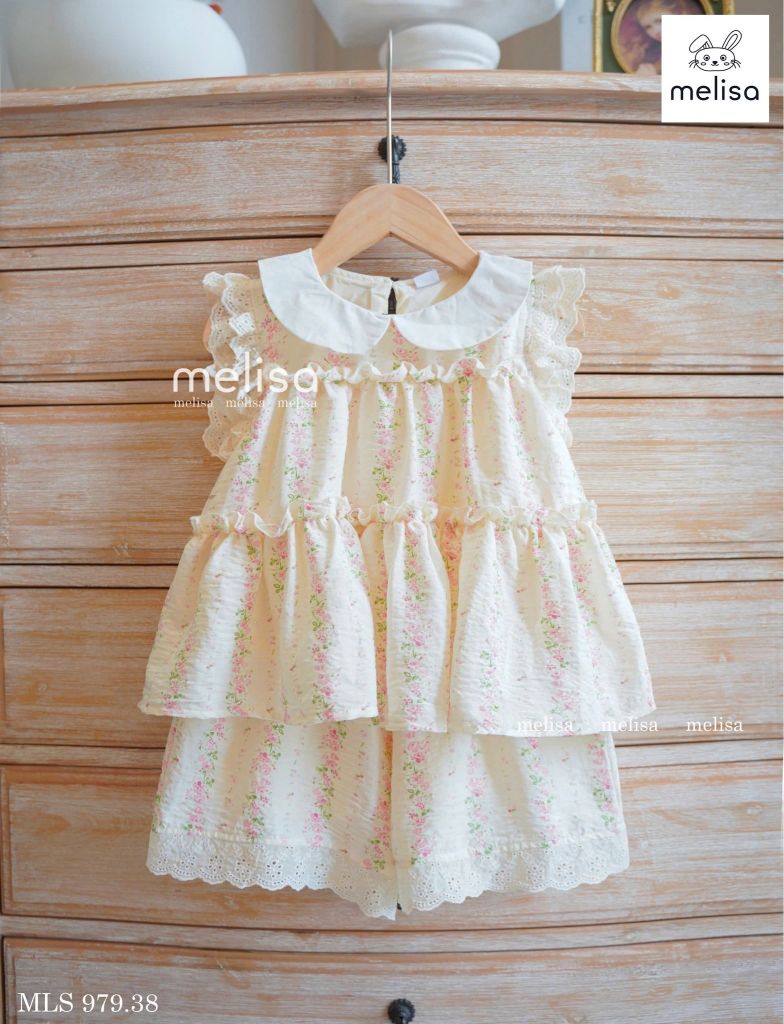 MLS 979 - Set bộ Melisa hoa nhí hồng leo vintage bé gái size 2-11y