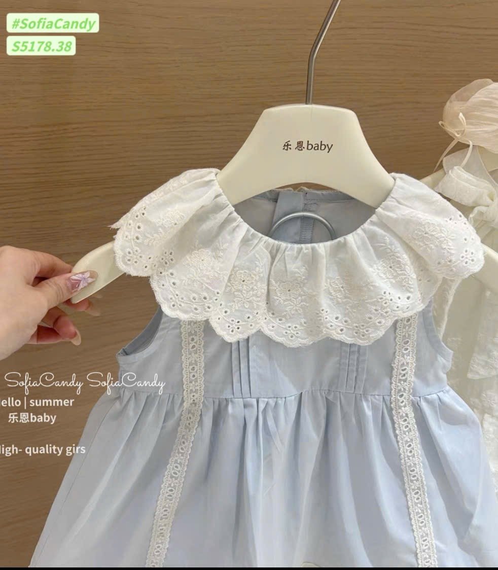 S5178 - Váy thô xanh Sofia Candy phối cổ ren trắng thêu bé gái size 1-10y