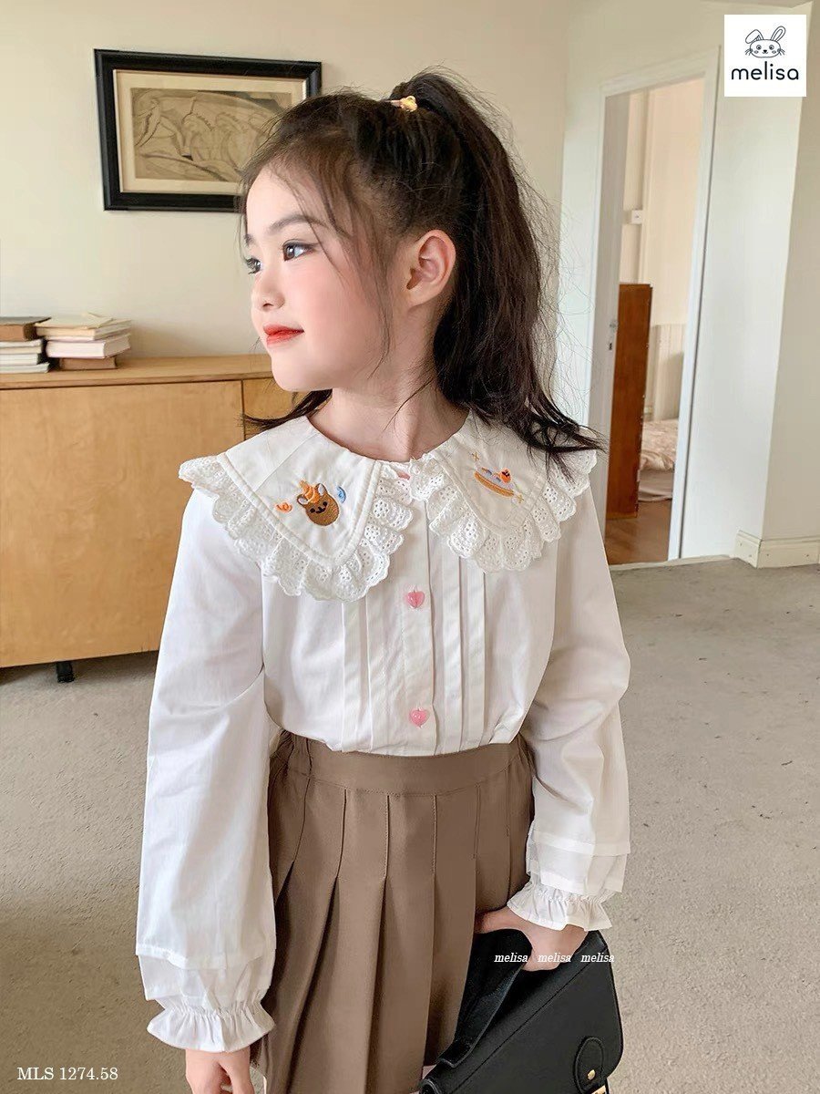 Set Melisa áo sơ mi trắng thêu cổ - chân váy xếp li liền quần nâu size 2 - 12y
