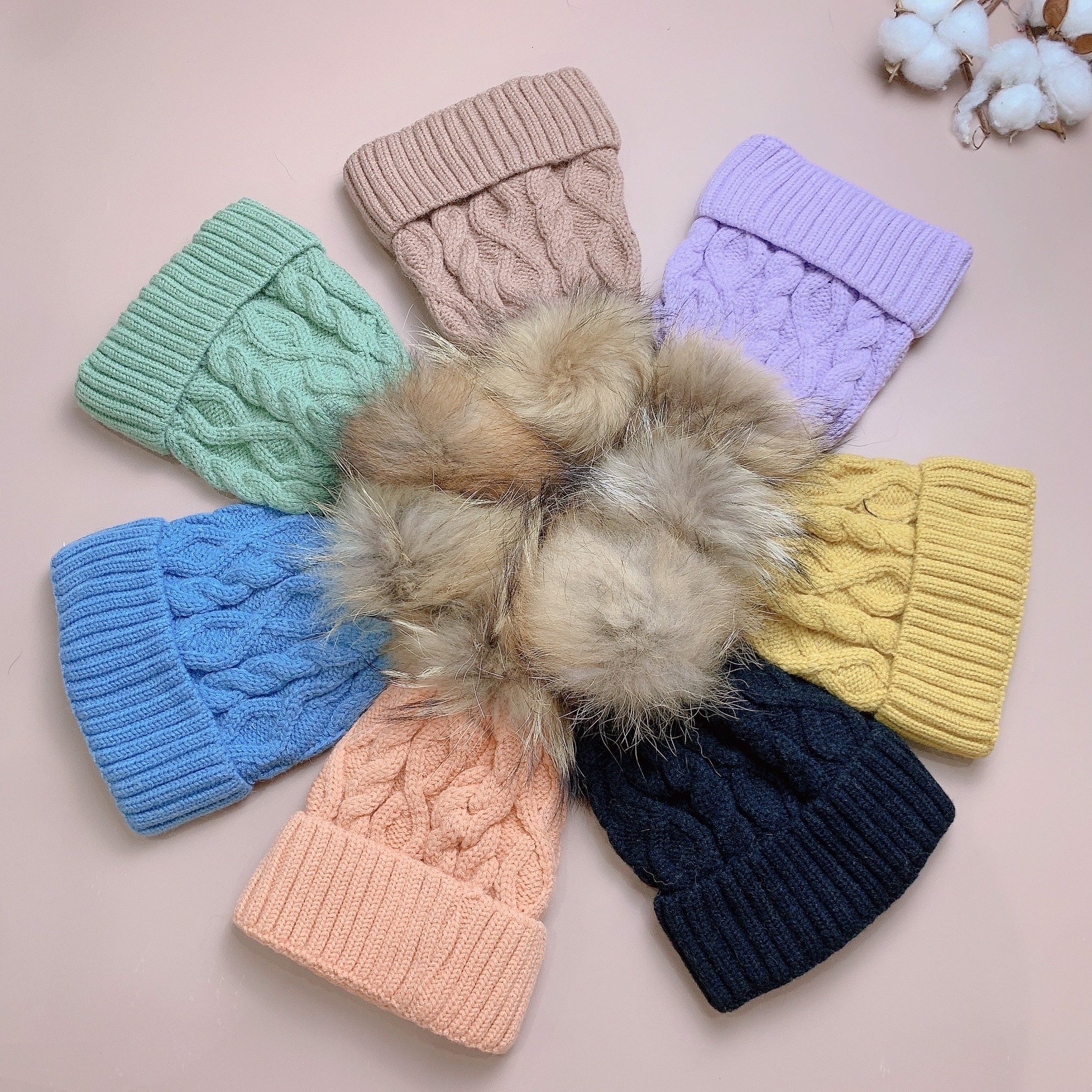 Mũ len vặn thừng chóp quả lông nhiều màu lót cotton