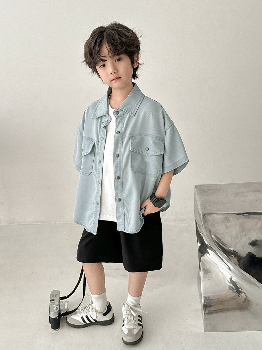 Áo sơ mi jean giấy QC màu xanh nhạt cho bé size 110-170