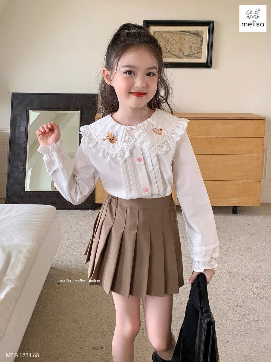 Set Melisa áo sơ mi trắng thêu cổ - chân váy xếp li liền quần nâu size 2 - 12y