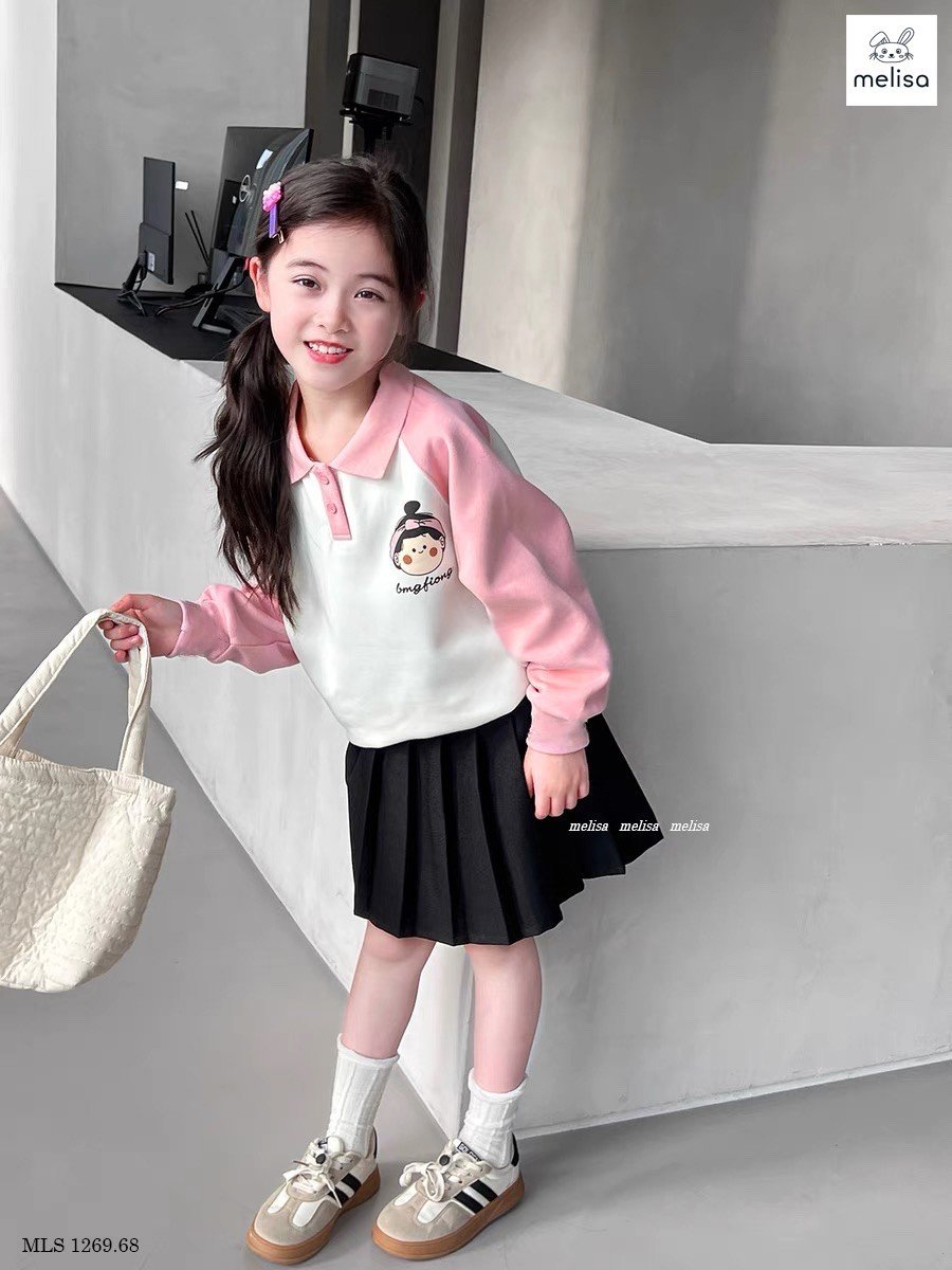 Set Melisa áo trắng phối hồng in hình bé gái - chân váy xếp li đen size 2 - 12y