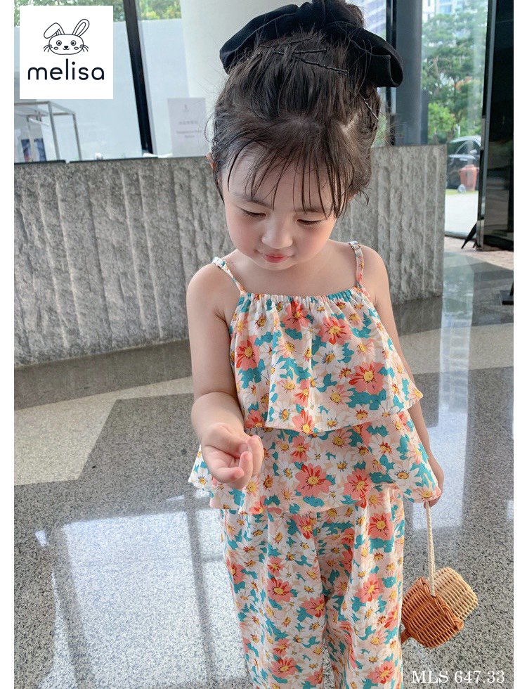Bộ thô lanh Melisa áo 2 dây xếp bèo - quần boom 2 màu hoa size 2 - 11y
