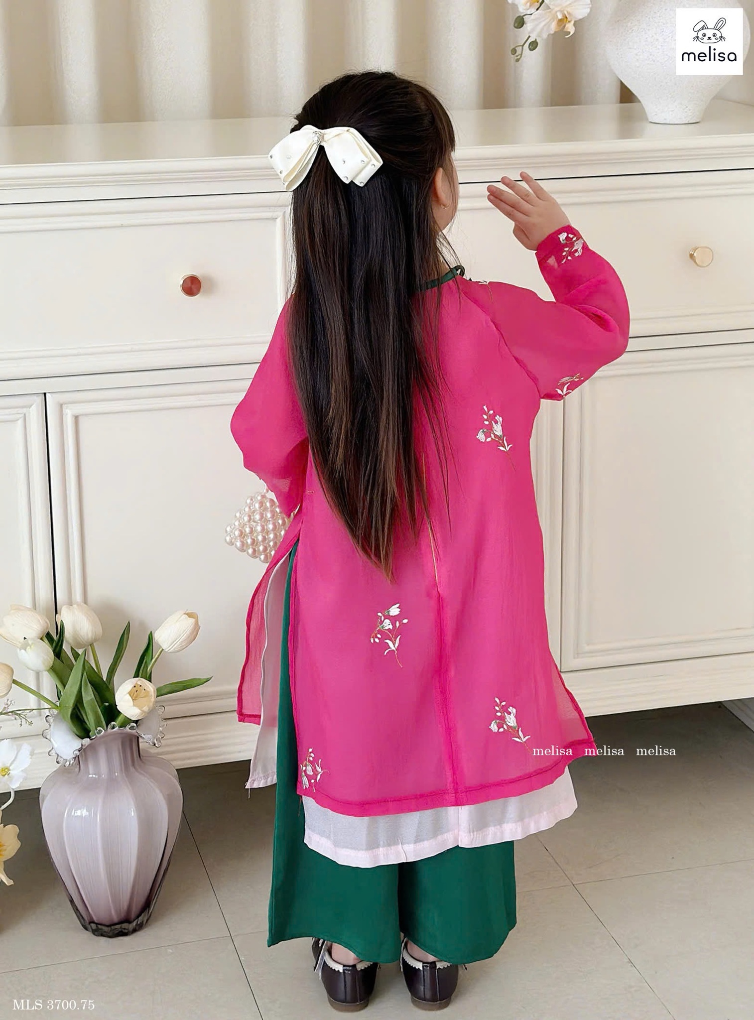 MLS 3700 - Áo dài Melisa hồng thêu hoa phối nơ xanh bé gái size 2-12y