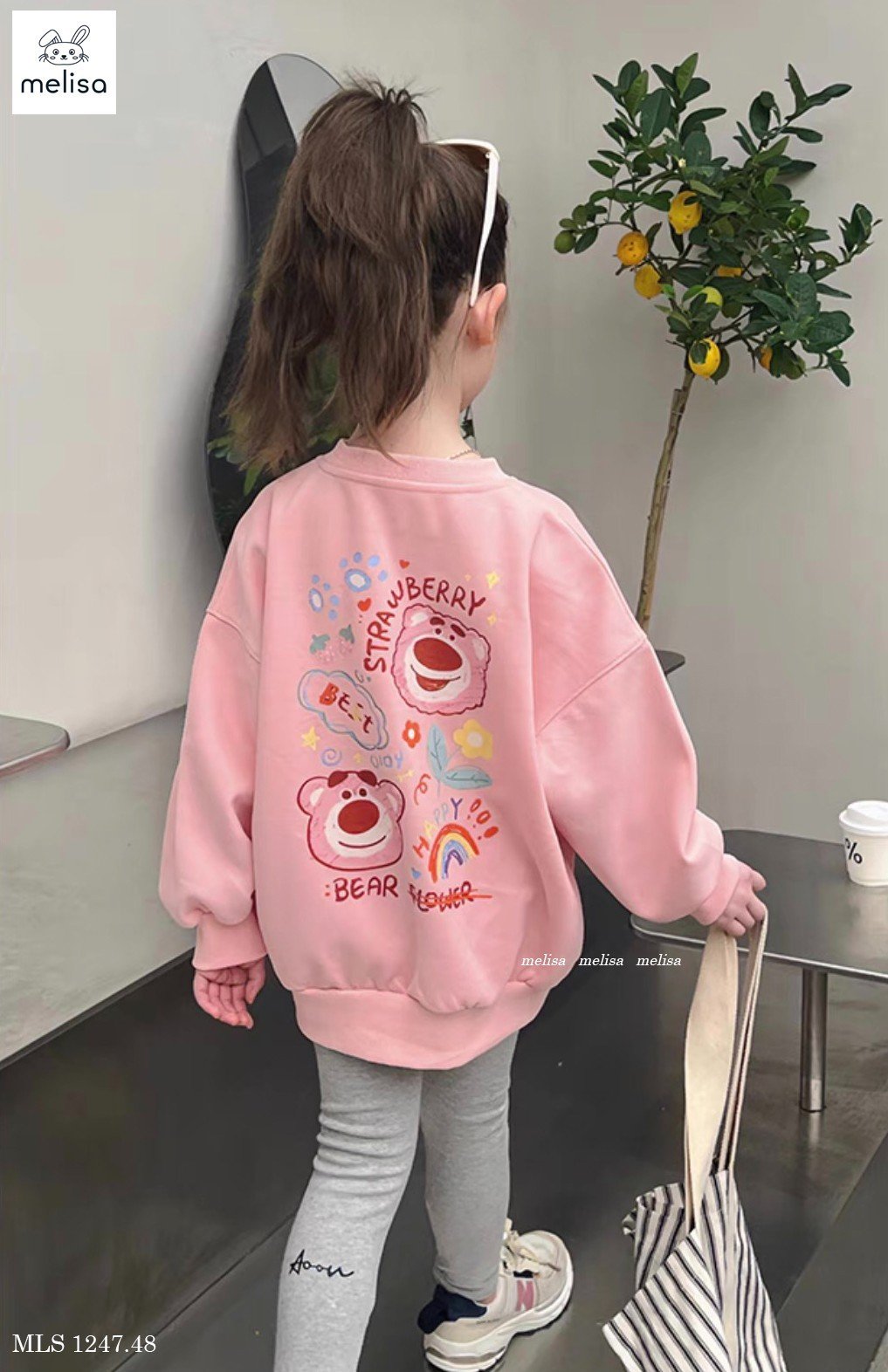 Bộ Melisa áo váy hồng in hình gấu dâu - quần legging cotton màu ghi size 2 - 12y