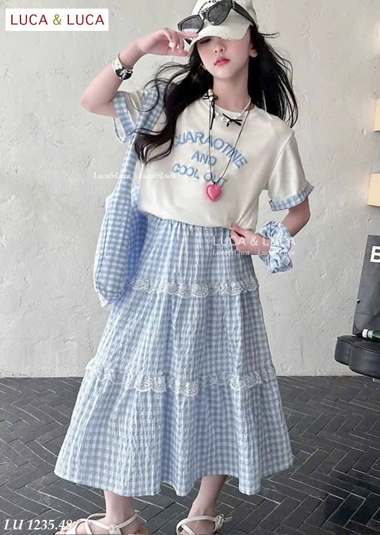 LU 1235 - Bộ Luca áo trắng + chân váy kẻ caro xanh bé gái size 2-12y