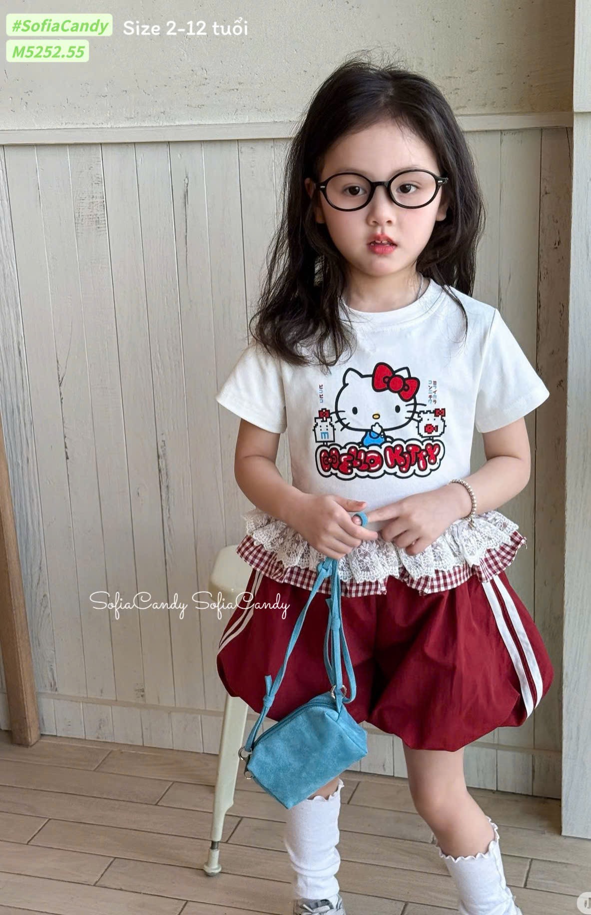 M5252 - Set bộ Mia Kids hello kitty áo trắng + quần váy đỏ bé gái size 2-12y