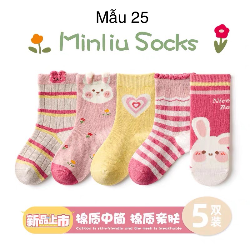 Set 5 tất Minliu Kids Socks nhiều hình Bé Gái size 2 - 12y