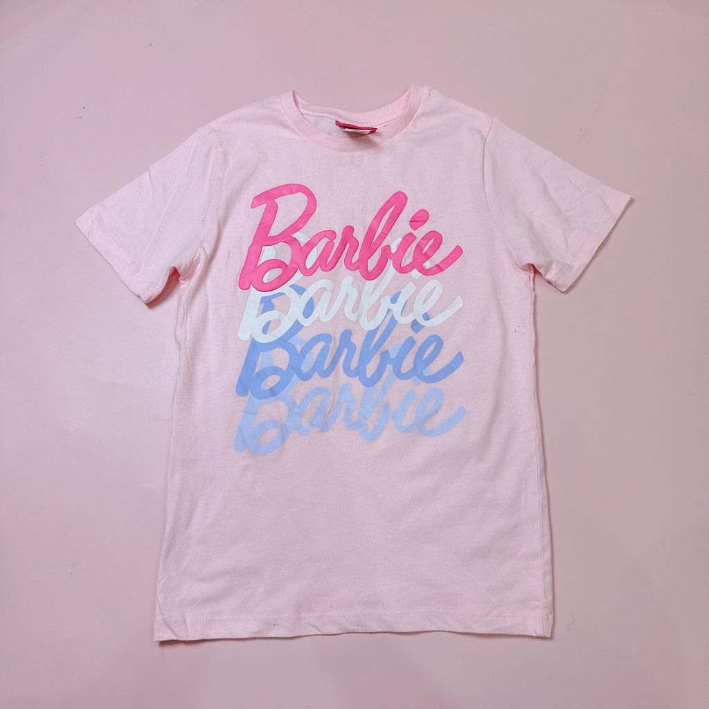 Áo cotton dư xịn màu hồng chữ Barbie bé gái size 8-16y