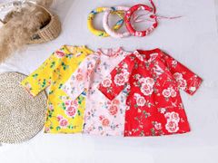 Áo dài gấm in hoa June 3 màu BG size 1 - 10y ( kèm mấn )