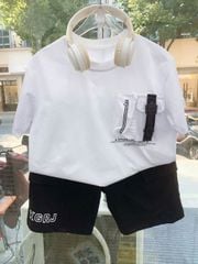 2503 - Bộ cotton QC dòng đại áo túi ngực 2 màu trắng/đen bé trai size 120-160