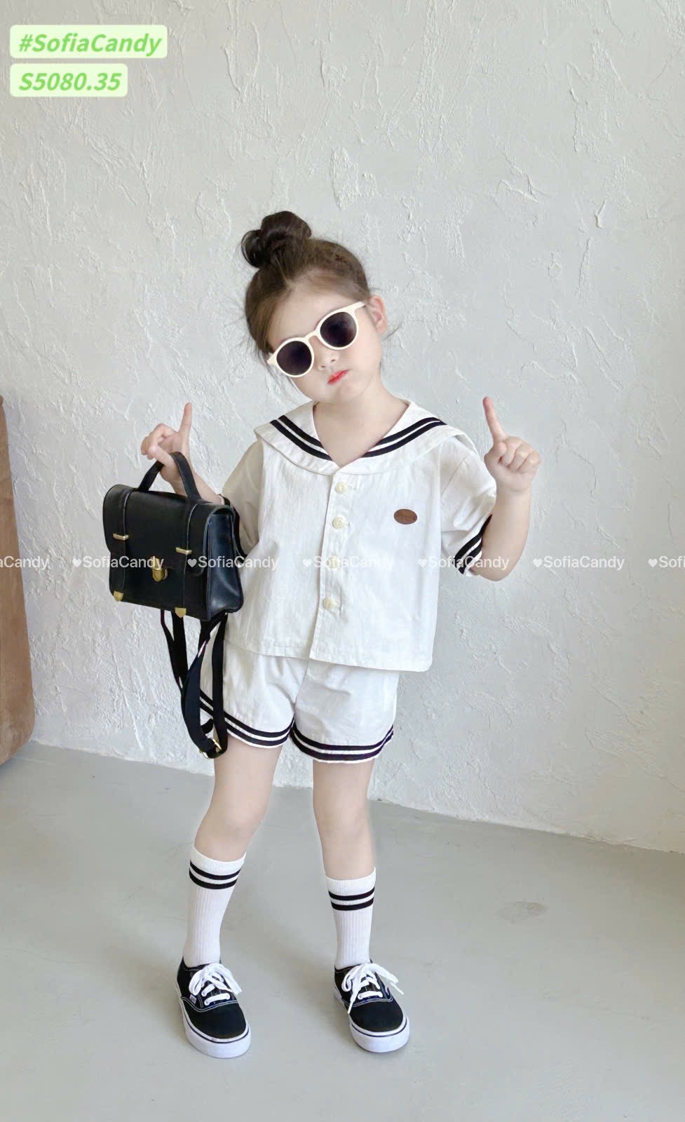 S5080 - Bộ Sofia Candy thô cotton màu trắng cổ thuỷ thủ bé gái size 1-10y