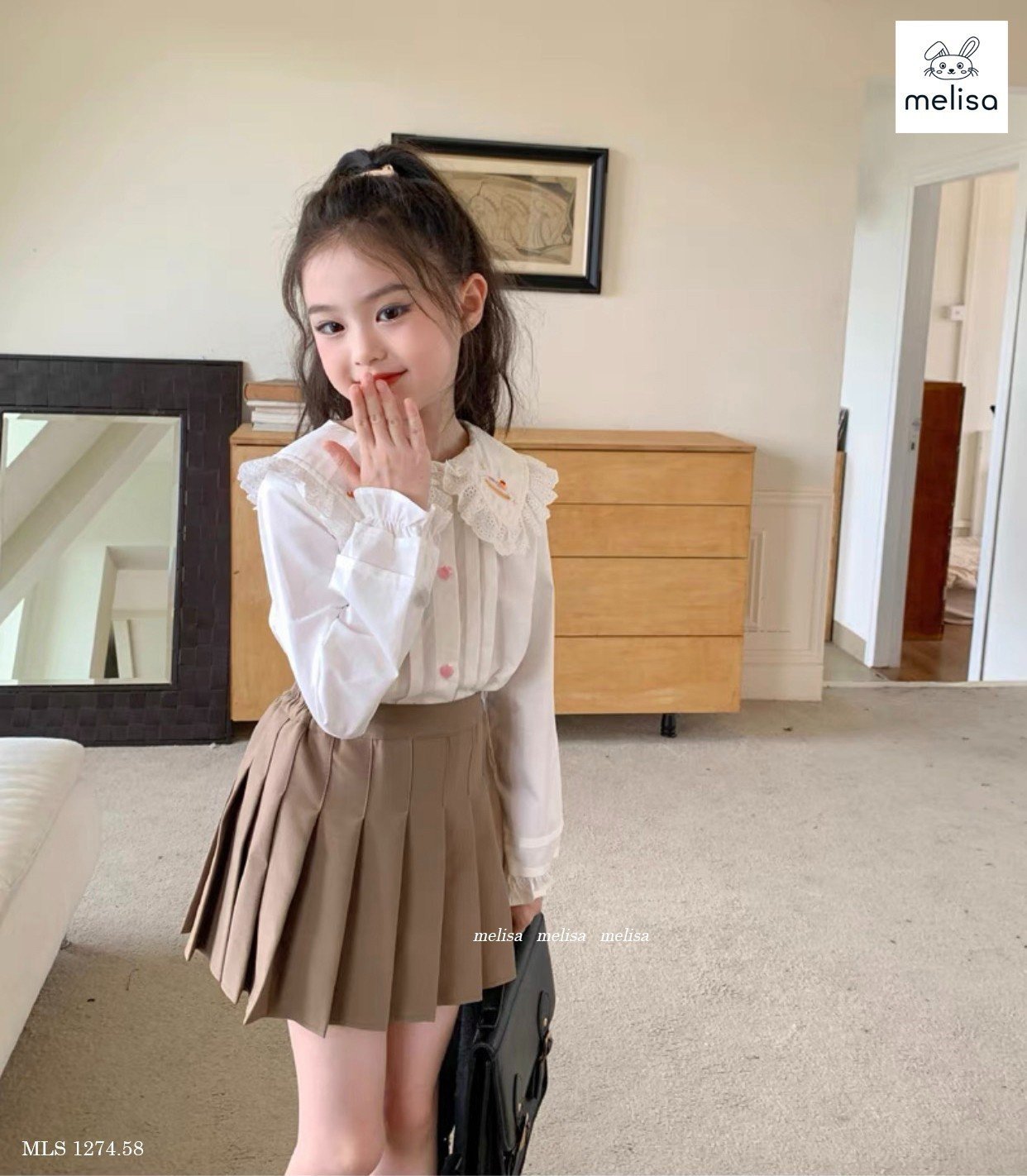 Set Melisa áo sơ mi trắng thêu cổ - chân váy xếp li liền quần nâu size 2 - 12y