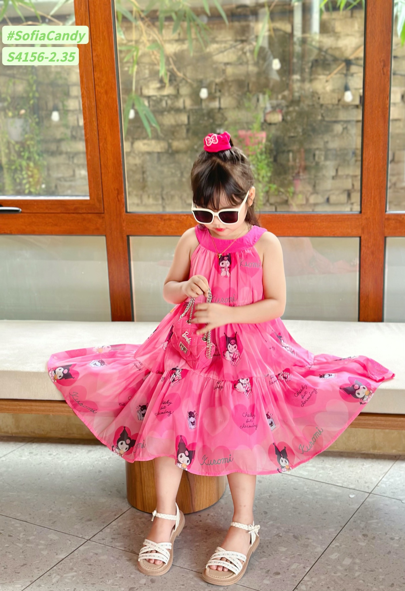 S4156 - Váy Sofia Candy vải tơ kuromi 2 màu hồng/tím in tràn cổ yếm size 1-10y