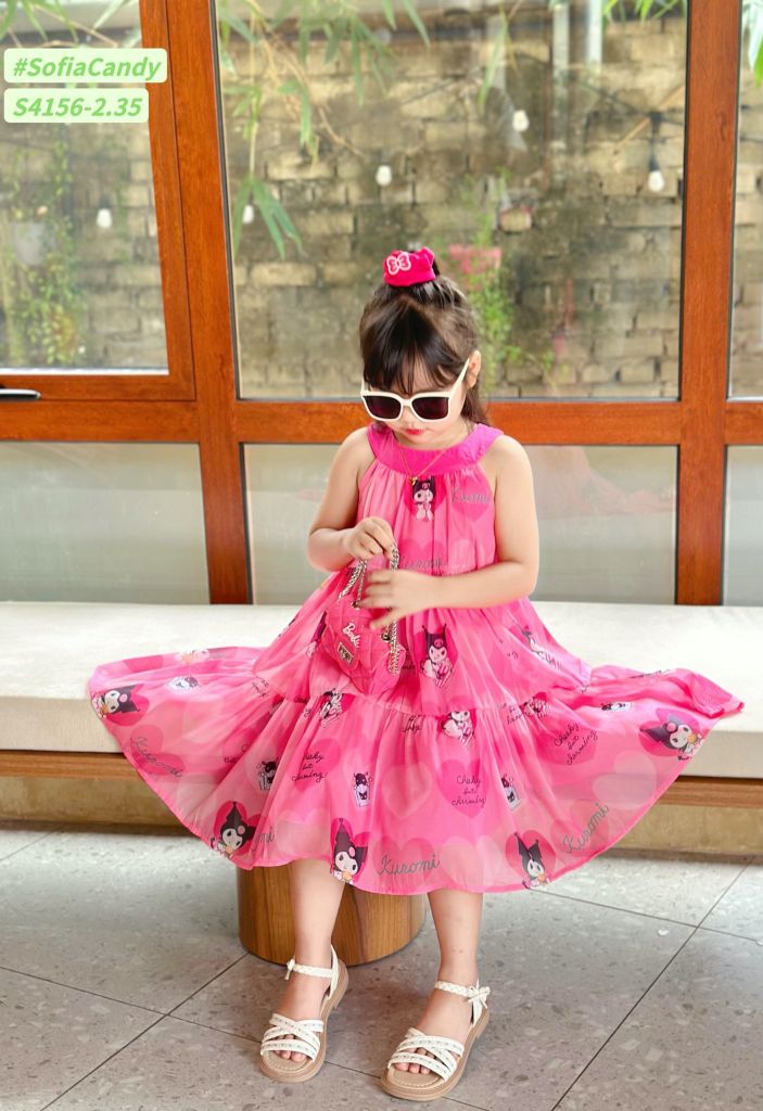 S4156 - Váy Sofia Candy vải tơ kuromi 2 màu hồng/tím in tràn cổ yếm size 1-10y