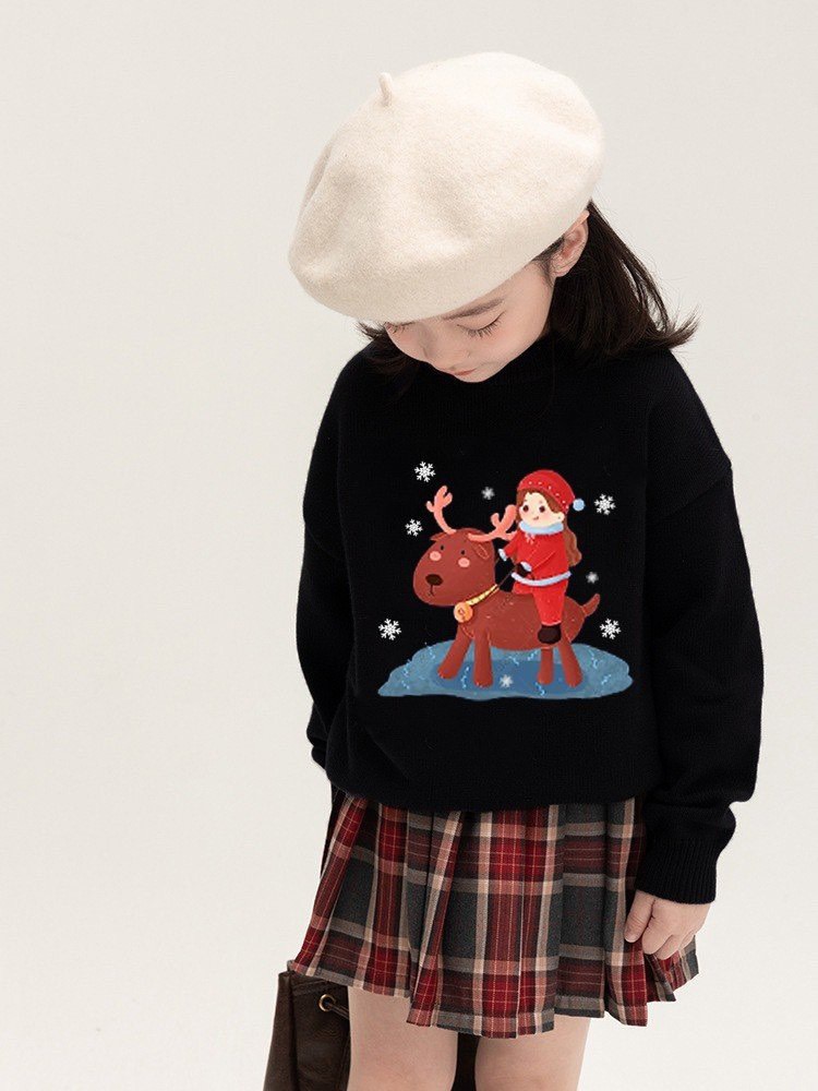 Bộ Melisa áo da cá đen tuần lộc / be cún  - chân váy kaki liền quần kẻ đỏ size 2 - 12y