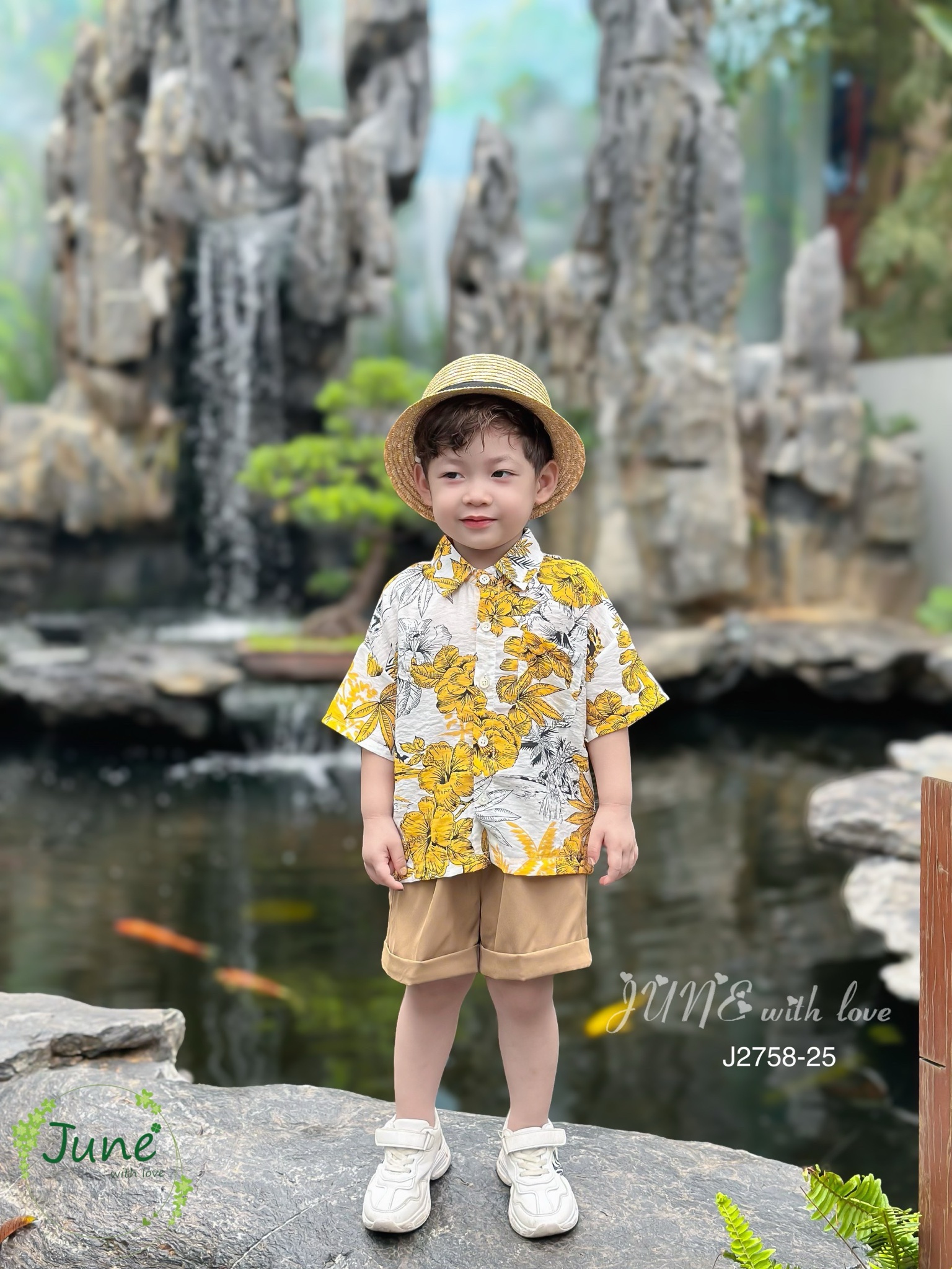 Bộ June With Love thô đũi áo họa tiết cây dừa vàng BT size 1-10y