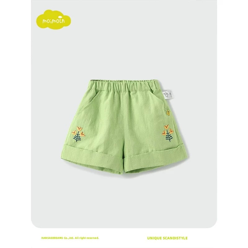 Quần short Moimoln xuất Hàn dư xịn màu xanh lá thêu hoa bé gái size 90-110