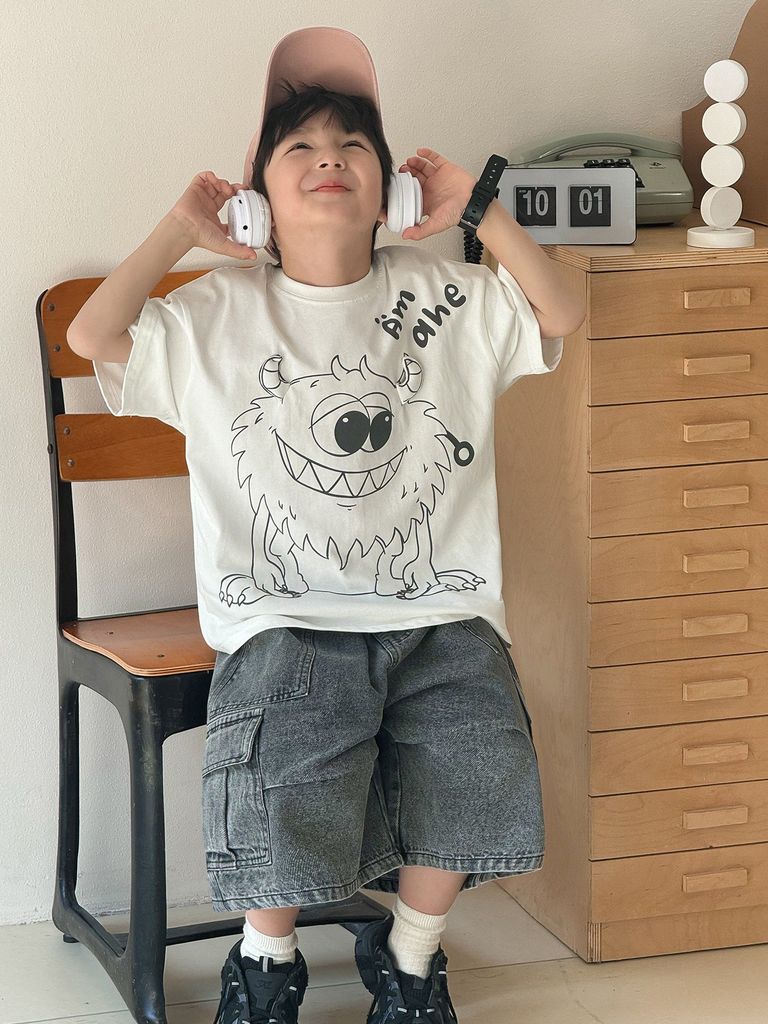 Áo cotton QC AoAo Kids Monster 2 màu trắng/tím cho bé size 110-150