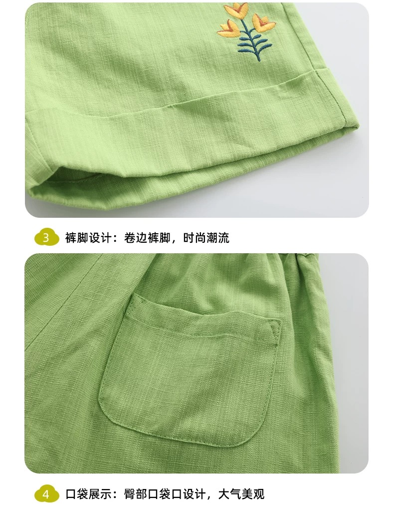 Quần short Moimoln xuất Hàn dư xịn màu xanh lá thêu hoa bé gái size 90-110
