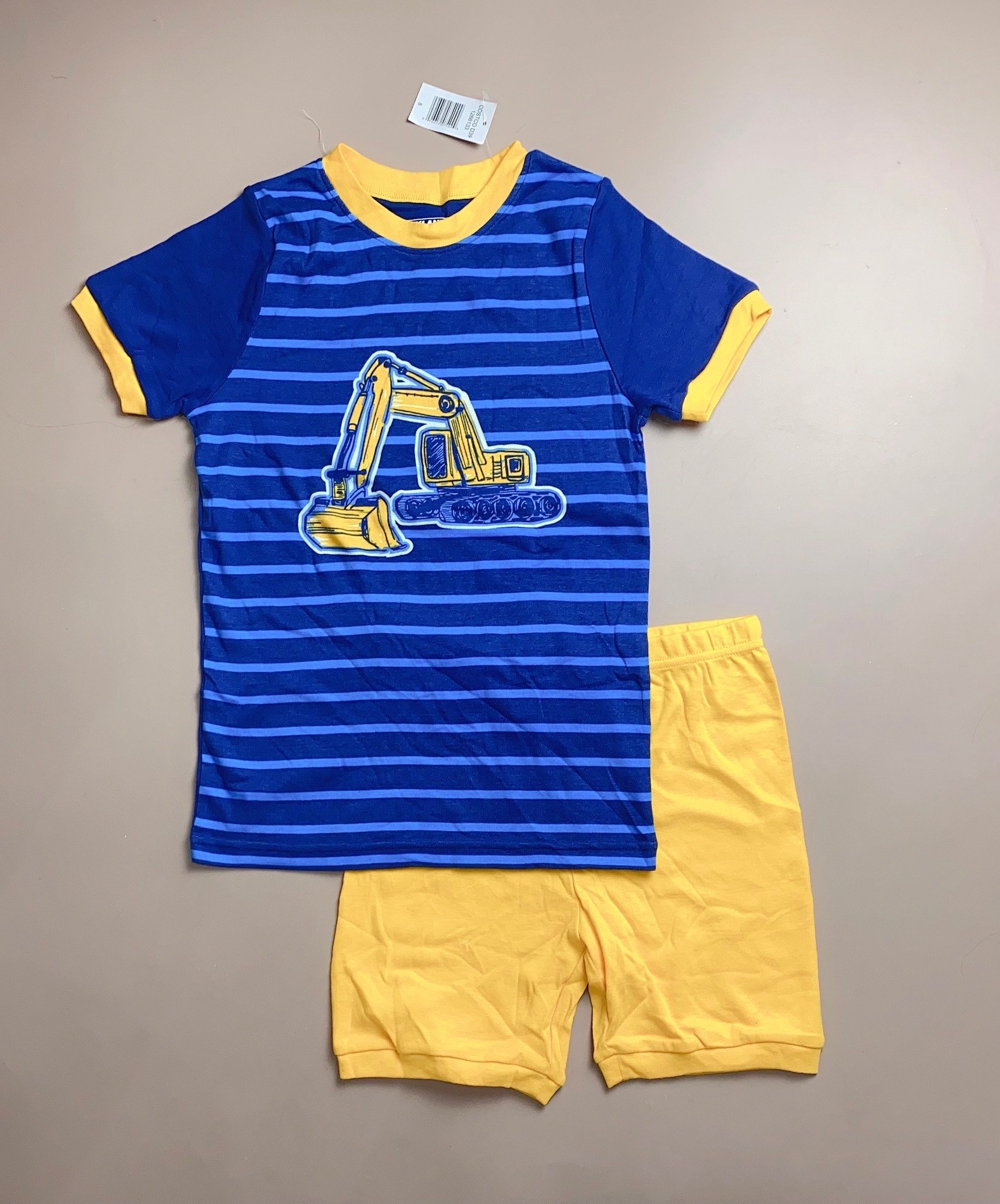 Bộ cotton Kirkland BT - Áo kẻ xanh hình máy xúc quần vàng