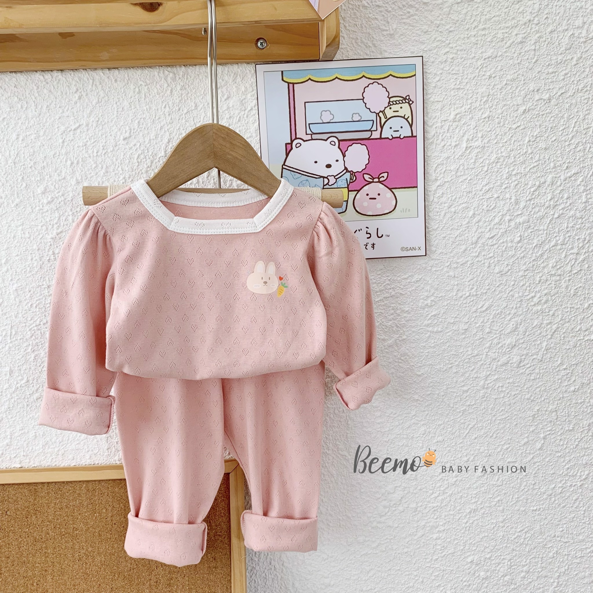 Bộ cotton dệt lỗ Beemo cổ vuông viền trắng 2 màu Xanh / Hồng BG