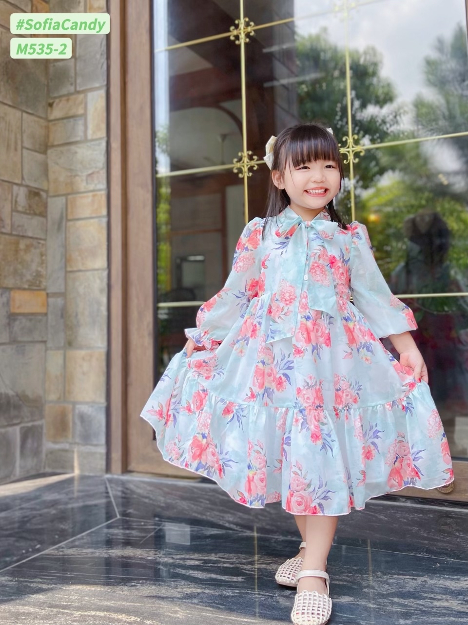 Váy voan tơ dài tay buộc nơ cổ 10 màu hoa