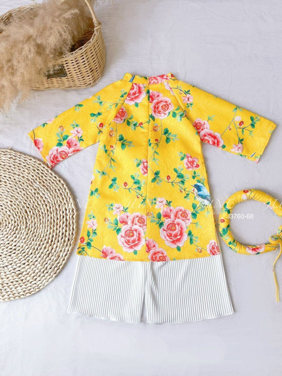 Áo dài gấm in hoa June 3 màu BG size 1 - 10y ( kèm mấn )