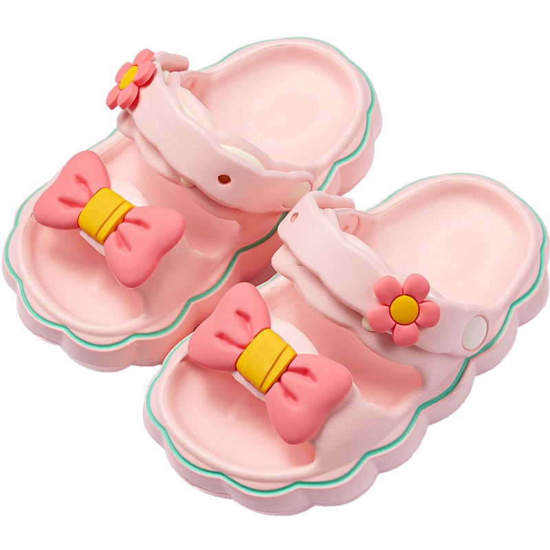 Sandal nhựa mềm Mario hoạ tiết nơ hoa 2 màu hồng/kem bé gái size 170-220