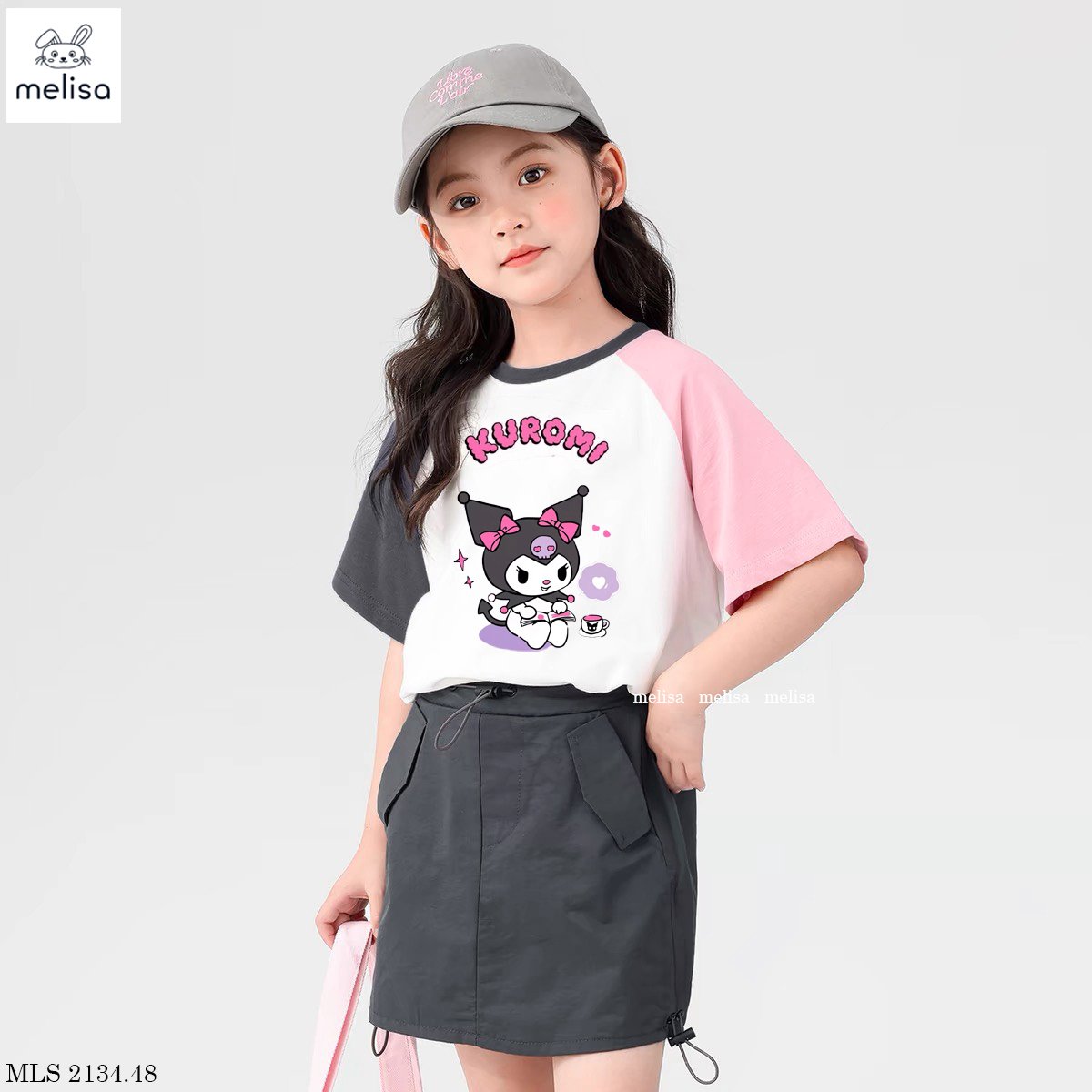 Bộ Melisa áo tay phối Kuromi mix chân váy ghi size 2-12y