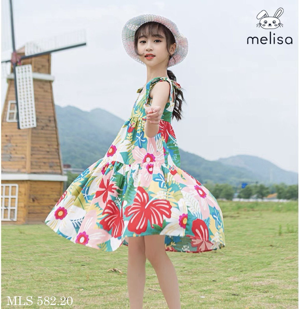 Váy thô hai dây nơ vai Melisa hoa sắc màu size 2 - 11y