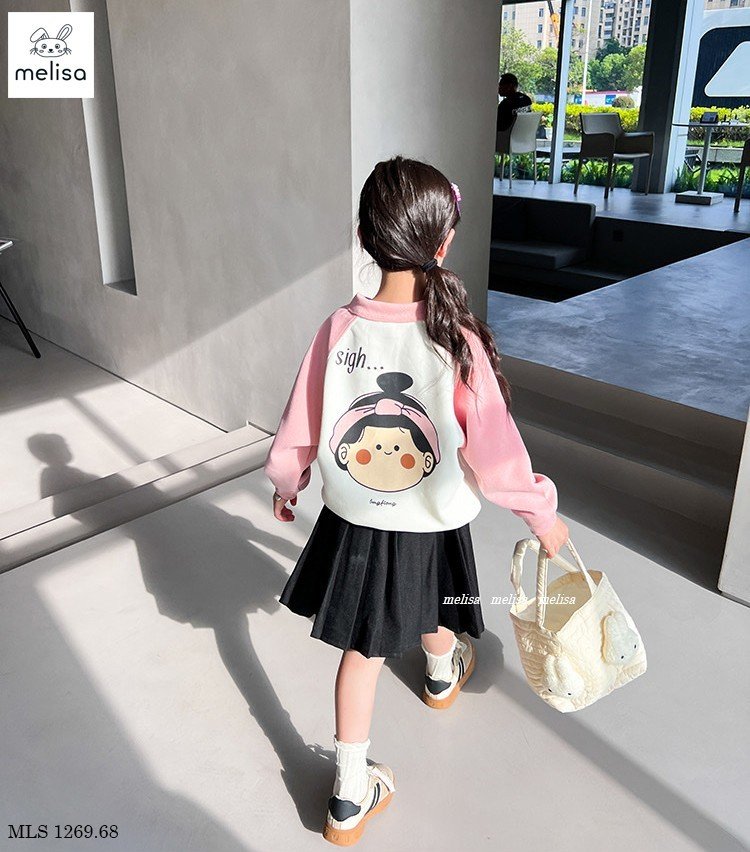 Set Melisa áo trắng phối hồng in hình bé gái - chân váy xếp li đen size 2 - 12y