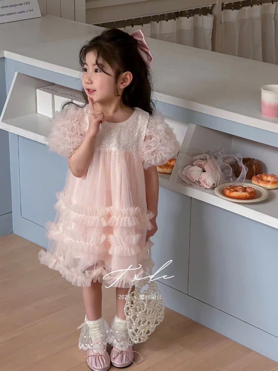 Váy công chúa QC đính kim sa ngực phối chân ren mềm hồng/trắng bé gái size 90-130