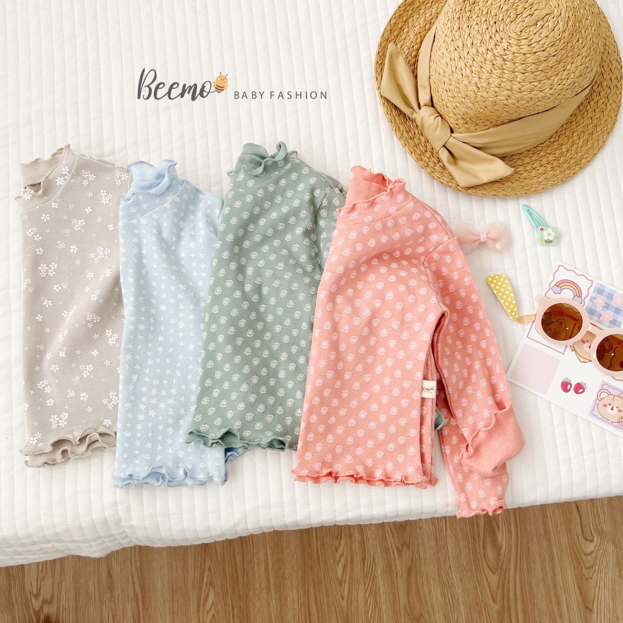 Áo cotton dài tay Beemo cổ 3p viền bèo hoa nhí 4 màu BG