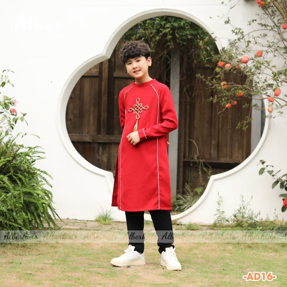 Áo dài nhung Alberkids đính ngực 2 màu vàng / đỏ size 110 - 160