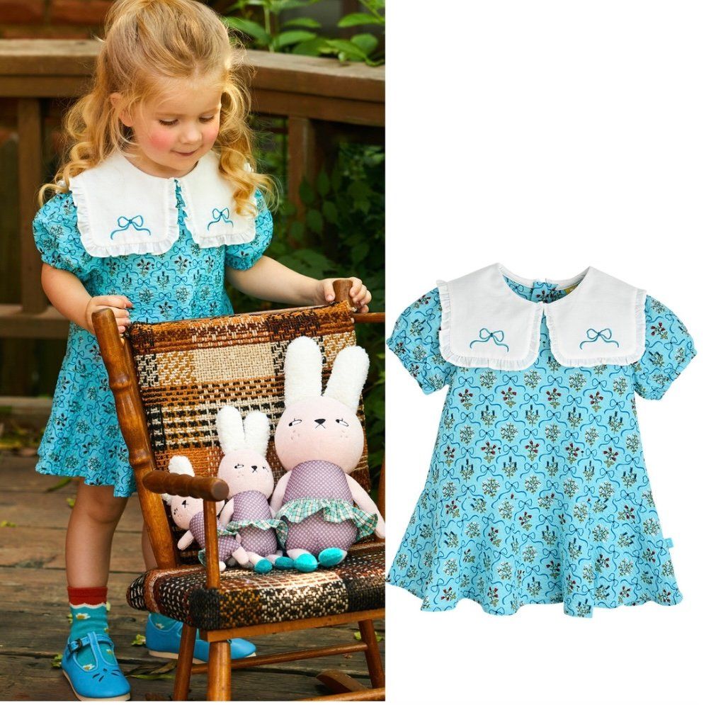 Váy Moimoln xuất Hàn dư xịn vải thô nhăn màu xanh blue hoạ tiết nơ bé gái size 80-130