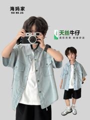 Áo sơ mi jean giấy QC màu xanh nhạt cho bé size 110-170