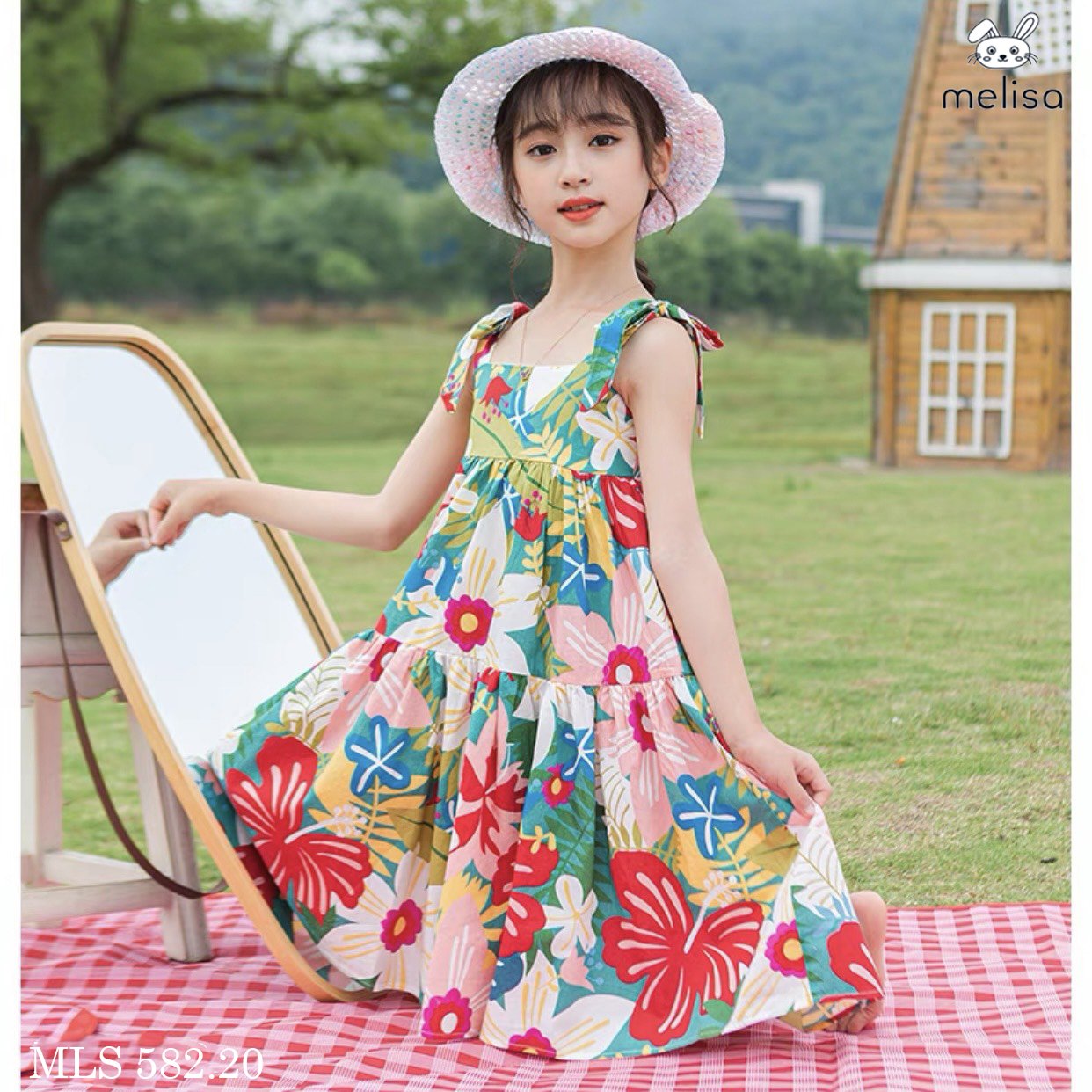 Váy thô hai dây nơ vai Melisa hoa sắc màu size 2 - 11y