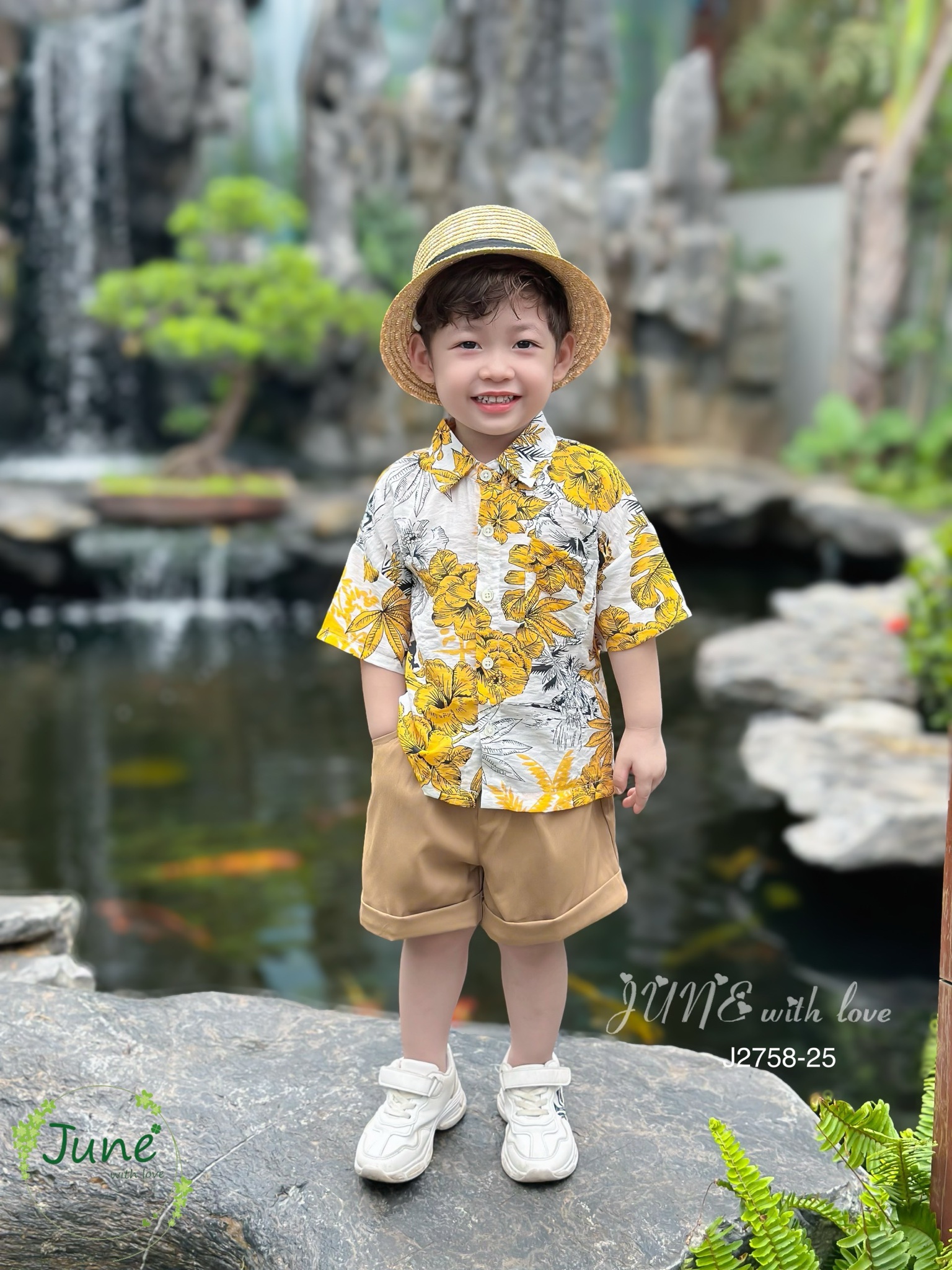 Bộ June With Love thô đũi áo họa tiết cây dừa vàng BT size 1-10y