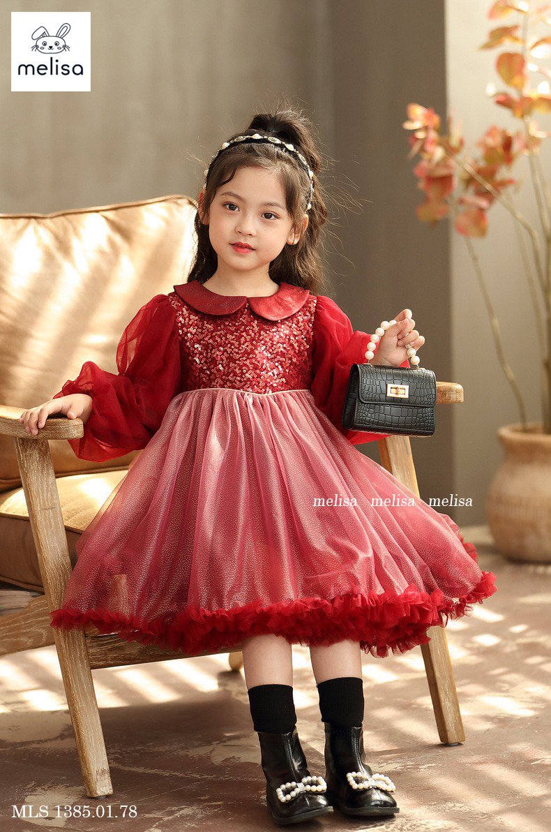 Váy voan Melisa cổ sen kim sa ngực tay bồng 2 màu hồng / đỏ size 2 - 11y