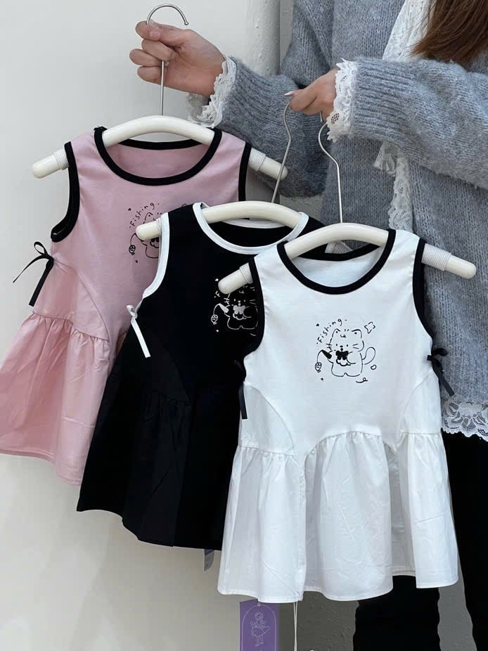 Váy Xinyue cotton phối chân kaki in hình mèo 3 màu bé gái size 90-130