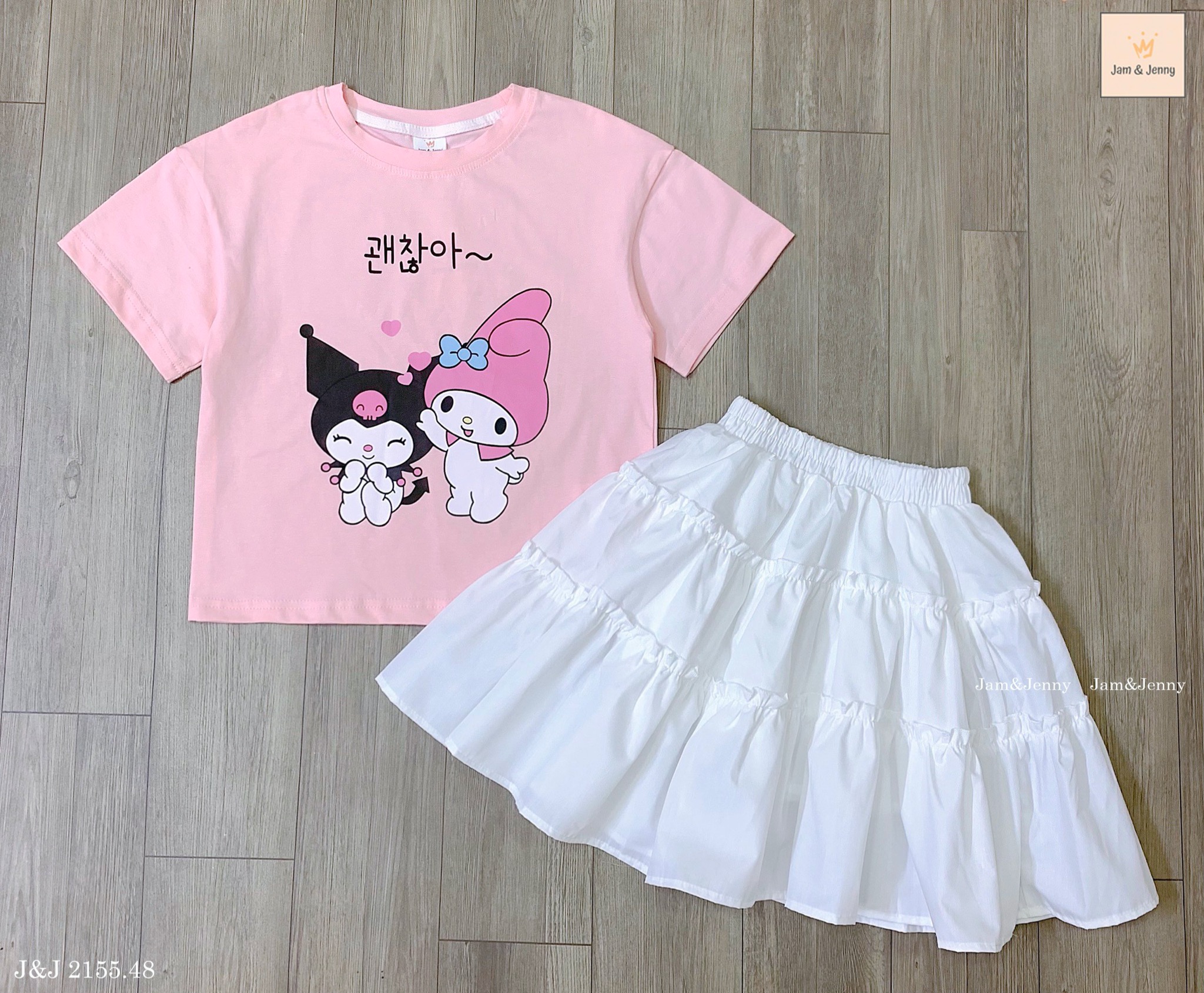 Set váy Jam & Jenny áo hồng Kuromi & Melody + chân váy trắng size 2-12y