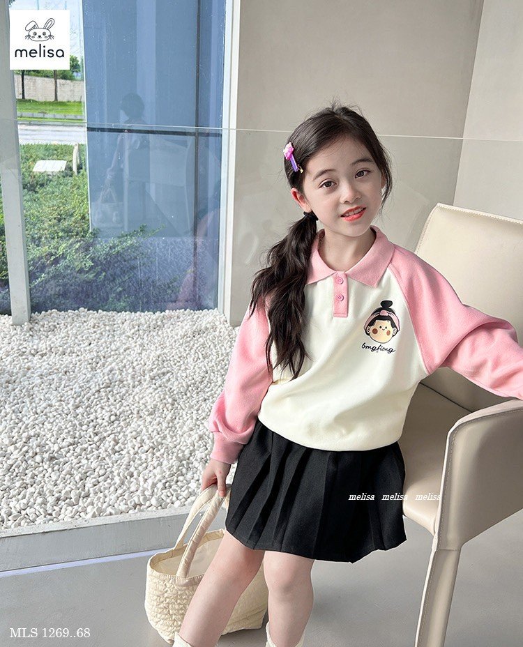Set Melisa áo trắng phối hồng in hình bé gái - chân váy xếp li đen size 2 - 12y