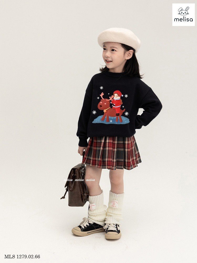 Bộ Melisa áo da cá đen tuần lộc / be cún  - chân váy kaki liền quần kẻ đỏ size 2 - 12y