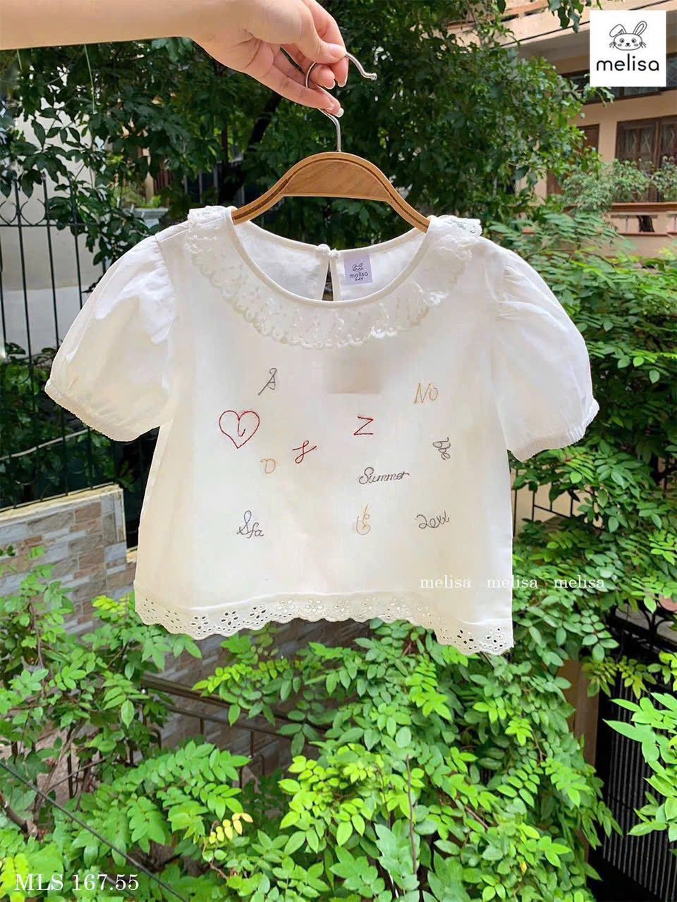 MLS 167 - Set bộ Melisa áo trắng thêu phối ren + chân váy trắng bé gái size 2-12y